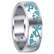 Load image into Gallery viewer, Men's Blue Turquoise Gemstone Inlay Southwestern style Sterling Silver Kokopelli Wedding Band Ring Size 7

