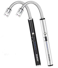 Load image into Gallery viewer, TOMOLO Lighter, Rechargeable Candle Lighter Grill Lighter Electric Arc Lighter with Flexible Neck, LED Battery Display Safety Switch for Candle Camping Cooking BBQs Fireworks (Black&amp;Silver, Pack of 2)
