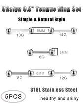 Load image into Gallery viewer, Udalyn 5Pcs Stainless Steel Tongue Ring Internally Threaded Straight Body Piercing Set 6-14G
