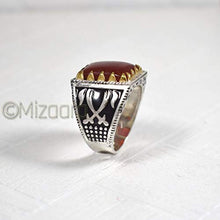 Load image into Gallery viewer, Red Onyx Silver Boys Ring, 925K Sterling Silver, Handmade Silver Ring, Aqeeq Men's Red Onyx, Black Enamel, Sword Design, Birthday Gift For Him
