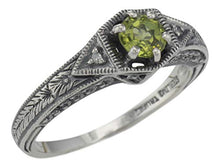 Load image into Gallery viewer, Victorian Style Genuine Peridot Filigree Ring w/ 2 Diamonds - Sterling Silver

