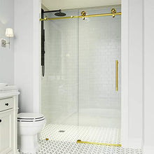 Load image into Gallery viewer, VIGO VG6044MGCL6076 2.75"L -60.0"W -76.0"H Elan Cass Aerodynamic Frameless Sliding Shower Door with Clear Tempered Glass and Stainless Steel Hardware in Matte Gold Finish with Reversible Handle
