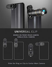 Load image into Gallery viewer, CoPedvic Phone Camera Lens Phone Lens for iPhone Samsung Pixel Android, 22X Telephoto Lens, 4K HD 0.67X Super Wide Angle Lens&amp;25X Macro Lens, 205° Fisheye Lens, Work as Telescope with Metal Tripod
