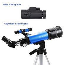 Load image into Gallery viewer, MaxUSee 70mm Refractor Telescope with Adjustable Tripod for Kids Adults &amp; Beginners + Portable 10X42 HD Monocular Bak4 Prism FMC Lens, Travel Scope with Backpack and Phone Adapter
