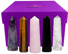 Load image into Gallery viewer, Premium Set of Five Large 3" Crystal Wands - Clear Quartz, Amethyst, Rose Quartz, TIgers Eye, Black Obsidian Crystals and Healing Stones - Fully Charged - Ready for Use/Display in Home or Office Decor
