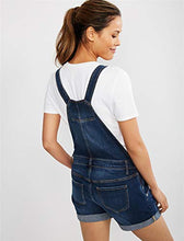 Load image into Gallery viewer, Motherhood Maternity Women's Maternity Indigo Blue Destructed Side Panel Denim Shortall Shorts, -Dark Wash, Large
