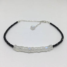 Load image into Gallery viewer, 925 sterling Silver Unique Wedding Gift 4x2-5x3mm stacking Black &amp; White Rainbow Moonstone and Black Spinel Bracelet Rondelle, Faceted &amp; Smooth 7" for mens, womens, gf, bf &amp; Adult.

