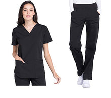 Load image into Gallery viewer, CHEROKEE Workwear Professionals Women's V-Neck Top WW665 &amp; Women's Pull-On Cargo Pant WW170 Medical Uniforms Scrub Set (Black - Medium - Medium Petite)

