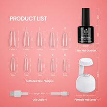 Load image into Gallery viewer, Beetles Nail Art Brushes Set with Nail Tips and Glue Gel Nail Kit, 2 In 1 Nail Gel and Base Gel with 500Pcs Coffin Nails and Innovative UV Lamp Easy DIY Nail Fast Nail Extension Set

