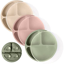 Load image into Gallery viewer, WeeSprout Suction Plates with Lids for Babies &amp; Toddlers | 100% Silicone | Plates Stay Put with Suction Feature | Divided Design | Microwave &amp; Dishwasher Safe | 3 Pack
