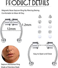 Load image into Gallery viewer, Milacolato 16G Fake Nose Ring Hoop Septum Magnetic Horseshoe Nose Ring for Women Men Stainless Steel Non-Pierced Clip on Nose Hoop Rings Reusable Nose Cuff with Replace,
