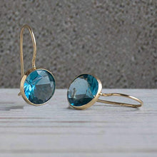 Load image into Gallery viewer, 14K Gold Blue Earrings - 14K Solid Yellow Gold Round Shape Dangle Drop Earrings, 8mm Light Blue Circle Cubic Zirconia CZ Gemstone Jewelry - Simple Handmade Gift for Classy Women
