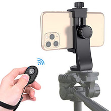 Load image into Gallery viewer, Universal Phone Tripod Mount Adapter with Bluetooth Camera Remote, Cell Phone Holder with Adjustable Clamp for Selfie Stick Monopod Compatible with iPhone, Samsung and so on, Wrist Strap Included
