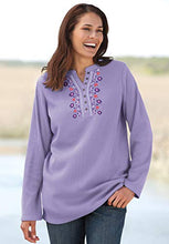 Load image into Gallery viewer, Woman Within Women's Plus Size Embroidered Thermal Waffle Henley Tee Long Underwear Top - 1X, French Blue Vine Embroidery

