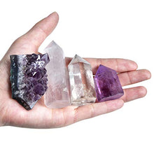 Load image into Gallery viewer, Healing Small Size Natural Crystal Wands | 1-2" Amethyst Crystal, Clear Quartz Crystal Wand &amp; Rose Quartz Crystal Points&amp;Deep Amethyst Cluster | 6 Faceted Reiki Chakra Meditation Therapy (Set of 4)
