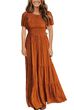 Load image into Gallery viewer, Kranda Round Neck Flutter Short Sleeve Smocked Ruffle Floral Maxi Dress Camel XS
