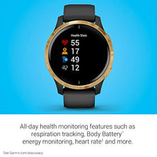 Load image into Gallery viewer, Garmin Venu, GPS Smartwatch with Bright Touchscreen Display, Features Music, Body Energy Monitoring, Animated Workouts, Pulse Ox Sensor and More, Gold with Black Band
