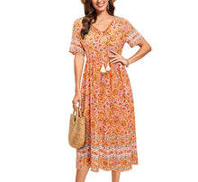 Load image into Gallery viewer, Arach&amp;Cloz Women's Boho Tie Neck Printed Short Sleeve Floral Summer Loose Tassels Casual Midi Dress with Pockets (Floral01,S)
