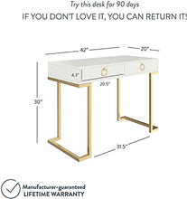 Load image into Gallery viewer, Nathan James 53301 Leighton Two-Drawer Home Office Computer Desk Vanity Table, Wood and Metal, White/Gold
