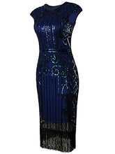Load image into Gallery viewer, Vijiv 1920s Vintage Inspired Sequin Embellished Fringe Long Gatsby Flapper Dress,Large,Blue
