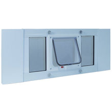 Load image into Gallery viewer, Ideal Pet Products Aluminum Sash Window Pet Door, Adjustable Width 27" to 32", Cat Flap, 6.25" x 6.25" Flap Size, White
