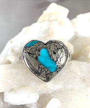 Load image into Gallery viewer, A Matrix of Natural PYRITE and Genuine Blue TURQUOISE Gemstone, 925 Sterling Silver, Heart Ring Sz 9 Jewelry
