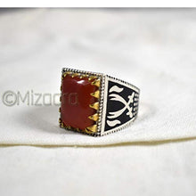Load image into Gallery viewer, Red Onyx Silver Boys Ring, 925K Sterling Silver, Handmade Silver Ring, Aqeeq Men's Red Onyx, Black Enamel, Sword Design, Birthday Gift For Him
