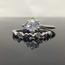Load image into Gallery viewer, Moonstone Engagement Ring Set - Solid 0.925 Sterling Silver 14K White Rose Yellow Gold Natural Rainbow Moonstone Genuine Diamond Bridal Sets - Vintage Victorian Inspired Engagement Ring Matching Band

