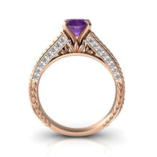 Load image into Gallery viewer, 14kt Rose Gold Amethyst and Diamond 6mm Round Antiqu Style Ring - Size 9

