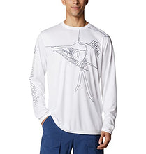 Load image into Gallery viewer, Columbia Men's Terminal Tackle PFG Running Line Long Sleeve, White/Collegiate Navy Sailfish, X-Large
