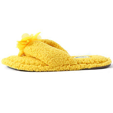 Load image into Gallery viewer, Millffy Plush Cozy Faux Shearling Thong Slide On Sherpa Womens Flip-Flops Slippers with Flowers (US 5-6,Amber Yellow)
