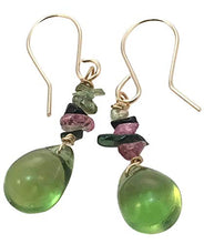 Load image into Gallery viewer, Tourmaline Gemstone Chip Earrings with Green Czech Glass Drops 1.1 in. 14 KT GF Ear Wires
