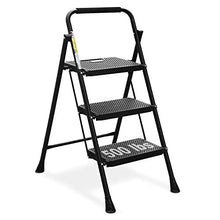 Load image into Gallery viewer, HBTower 3 Step Ladder, Folding Step Stool with Wide Anti-Slip Pedal, 500lbs Sturdy Steel Ladder, Convenient Handgrip, Lightweight, Portable Steel Step Stool, Black
