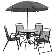 Load image into Gallery viewer, Flash Furniture Nantucket 6 Piece Black Patio Garden Set with Table, Umbrella and 4 Folding Chairs
