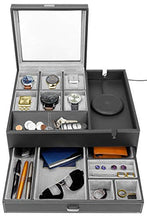 Load image into Gallery viewer, HOUNDSBAY Commander Dresser Valet Watch Box Case &amp; Mens Jewelry Box Organizer with Smartphone Charging Station (Black/Gray)

