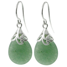 Load image into Gallery viewer, Natural Aventurine Green Teardrop Sterling Silver Filigree Flower Bail and French Hook Earwires Dangle Earrings
