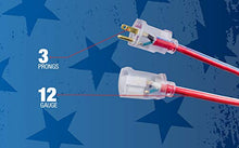 Load image into Gallery viewer, Southwire 2549 100-Feet, Contractor Grade, 12/3, Lighted End Red White and Blue, American Made, Indoor and Outdoor Use, Water Resistant Flexible Jacket Extension Cord
