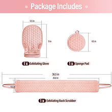Load image into Gallery viewer, 2 Pack 36.5 Inch Long Loofah Back Scrubber Set with Exfoliating Glove and Sponge Pad for Women and Men, Beige &amp; Pink
