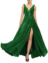Load image into Gallery viewer, OYISHA Womens Sequined Plunging V Neck Sexy Evening Dress Split Formal Gown SQ43 Green 18Plus

