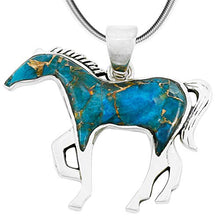 Load image into Gallery viewer, Horse Necklace Sterling Silver Genuine Turquoise &amp; Gemstones with 20" Chain (Teal/Matrix Turquoise)

