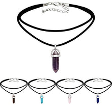 Load image into Gallery viewer, Aobei 5PCS Hexagonal Gemstone Pointed Reiki Chakra Pendant Necklace Gneuine Leather Choker for Women 14''
