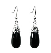 Load image into Gallery viewer, Sterling Silver Black Natural Onyx Teardrop Dangle Filigree Flower French Hook Earrings
