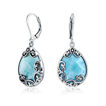 Load image into Gallery viewer, Bali Style Teardrop Scroll Filigree Scroll Light Blue Larimar Leverback Dangle Earrings For Women 925 Sterling Silver
