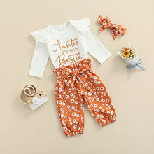 Load image into Gallery viewer, Newborn Infant Baby Girls Clothes Set Auntie Saying Letter Rompers Floral Daisy Pants Headband (White Bestie, 0-3 Months)
