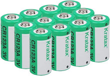 Load image into Gallery viewer, CR123A 3V Lithium Manganese Battery Kratax 12Pack Non-Rechargeable 3 Volt CR 123A Batteries 10Years Shelf Life, CE &amp; RoHS Certified for Security and Medical Equipment, for Flashlights, Digital Cameras
