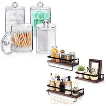 Load image into Gallery viewer, AOZITA 10 OZ Qtip Holder Dispenser for Cotton Ball, Cotton Swab, Cotton Round Pads, Floss - 4 Pcs &amp; 3 Set Pre-Installed Floating Shelves, Wall Mounted Storage Wood Shelf with Towel Rack, Brown
