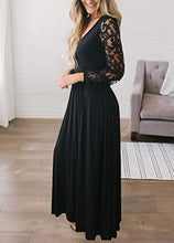 Load image into Gallery viewer, Women Fall Casual Faux Wrap V Neck Vintage Floral Lace Long Sleeve Maxi Dress Black S
