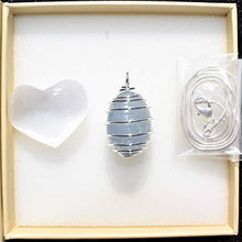 Load image into Gallery viewer, Zenergy Gems Charged Natural Polished Celestite (AAA Grade Polished - Madagascar) Crystal Pendant + 20" Silver Plated Chain + Selenite Charging Heart [Included]
