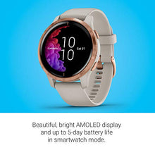 Load image into Gallery viewer, Garmin Venu, GPS Smartwatch with Bright Touchscreen Display, Features Music, Body Energy Monitoring, Animated Workouts, Pulse Ox Sensor and More, Rose Gold with Tan Band
