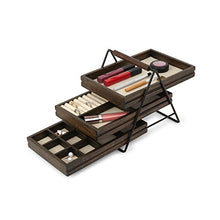 Load image into Gallery viewer, Umbra 1004037-048 Terrace Jewelry Tray – Three-Tier Jewelry Tray With Three Sliding Linen Lined Wood Trays With Metal Frame and Handle, Easy Storage and Access, Black/Walnut Finish
